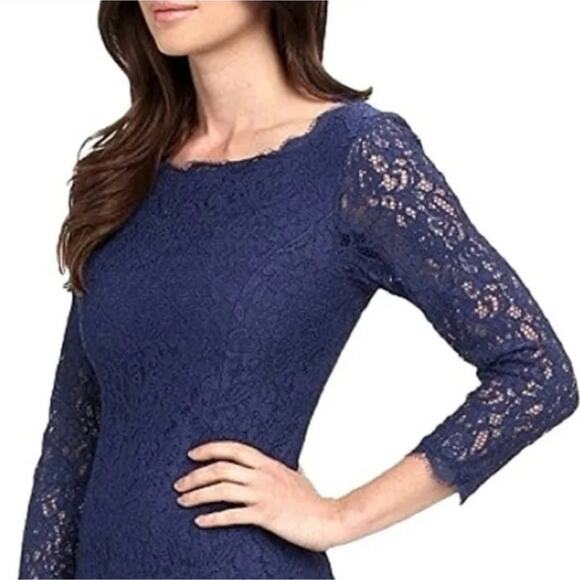 ADRIANNA PAPELL Navy Blue Floral Lace 3/4 Sleeve Evening Gown Maxi Dress Size 4 - Picture 4 of 13